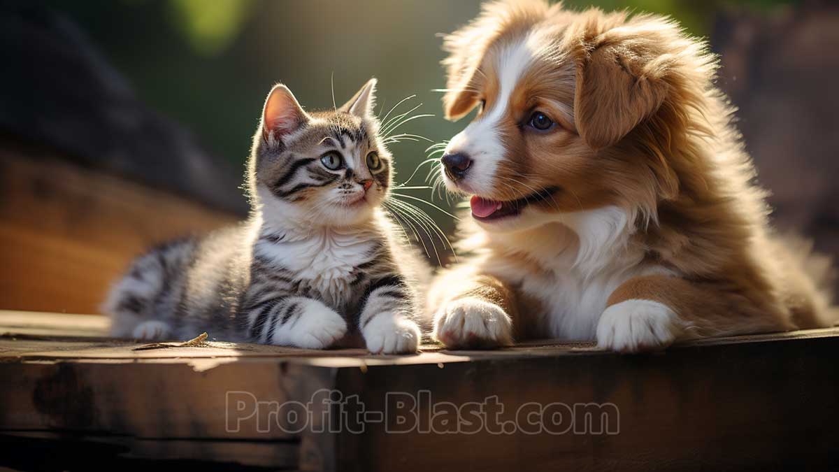 χαριτωμένη γάτα και κουτάβι σκύλου